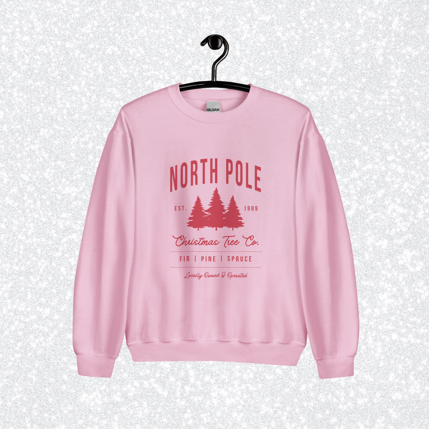 North Pole Christmas Tree Co. Crewneck | Light Pink, Red Print