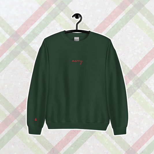 Embroidered Merry Crewneck | Forest Green, Red Thread