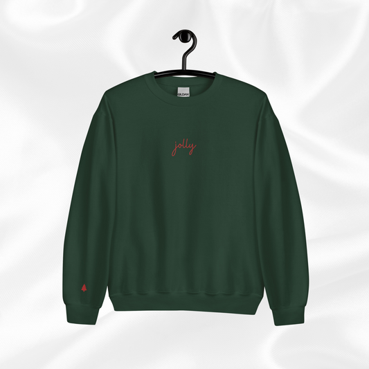 Embroidered Jolly Crewneck | Forest Green, Red Thread