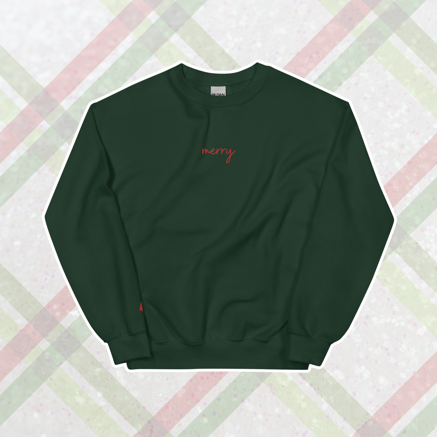 Embroidered Merry Crewneck | Forest Green, Red Thread