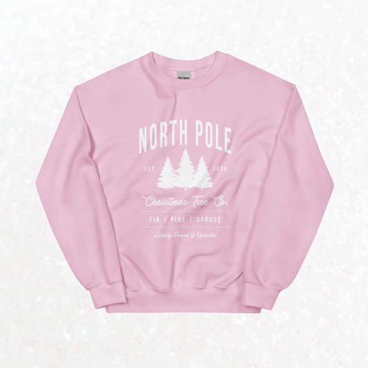 North Pole Christmas Tree Co. Crewneck | Light Pink, White Print