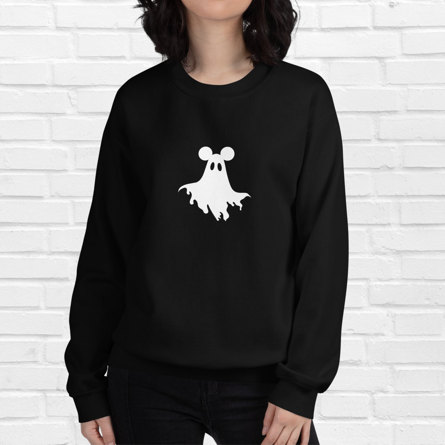 Mouse Ears Ghost Crewneck | Black, White Print