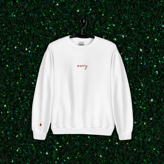 Embroidered Merry Crewneck | White