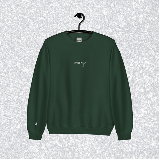 Embroidered Merry Crewneck | Forest Green, White Thread