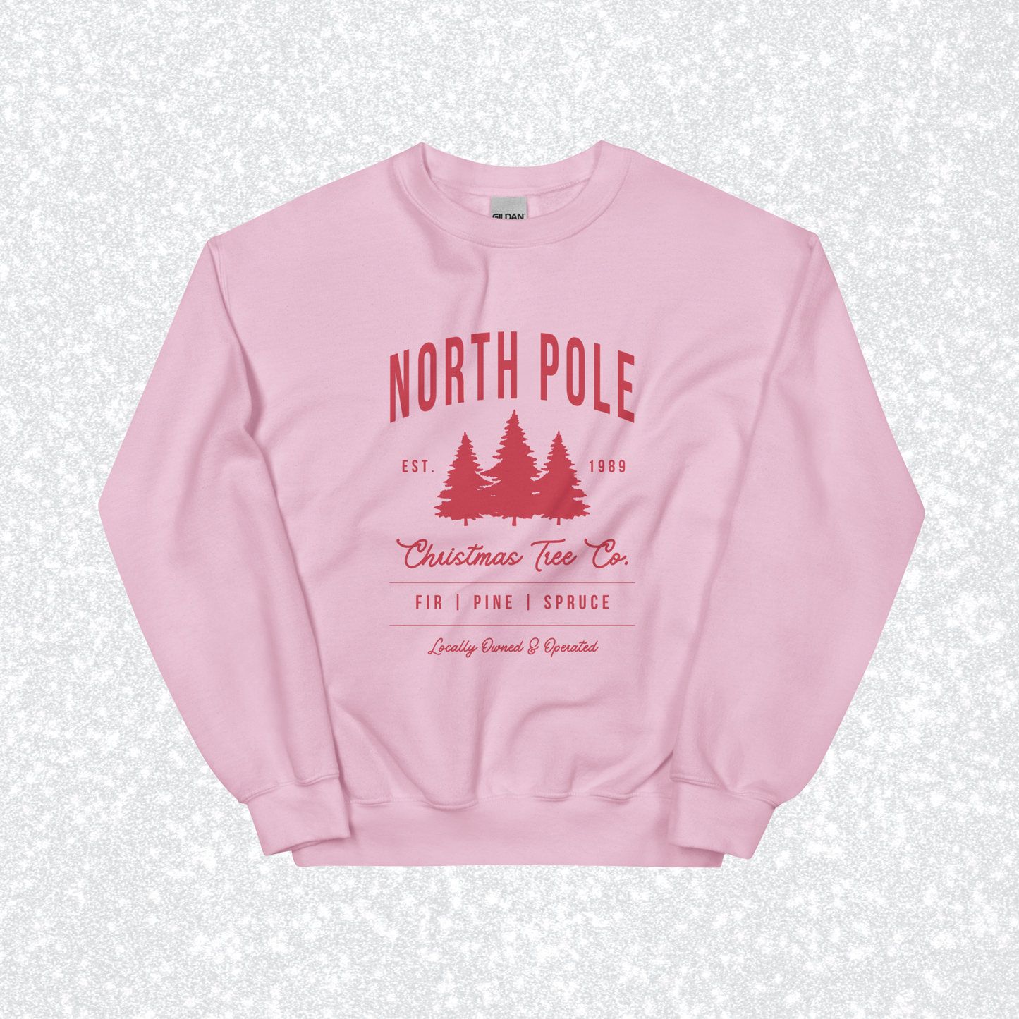 North Pole Christmas Tree Co. Crewneck | Light Pink, Red Print